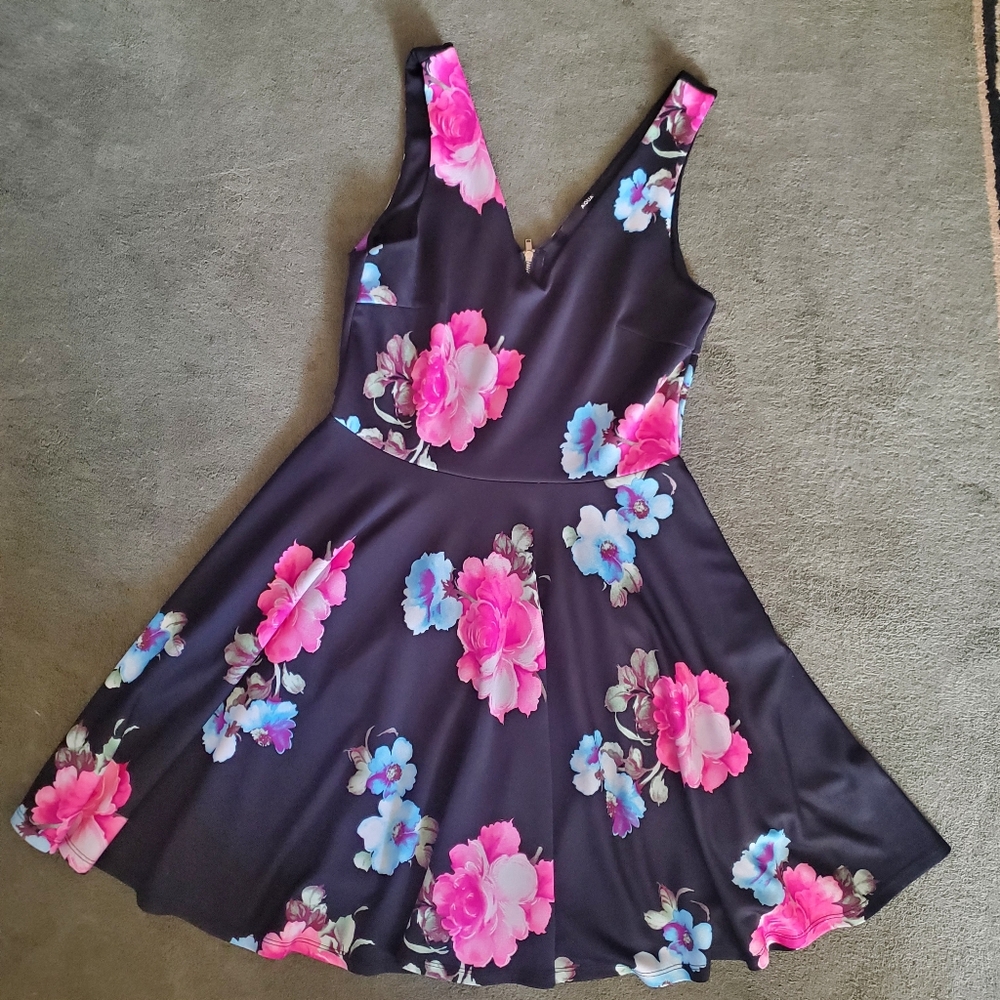 Womens Large Aqua Sleeveless Floral Mini Dress - Picture 3 of 6